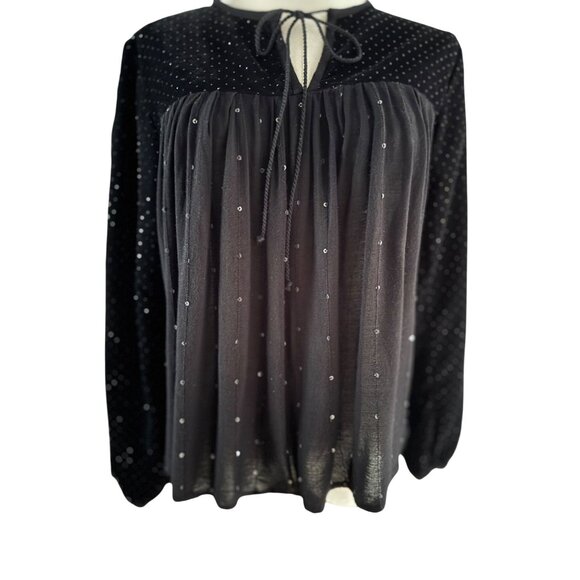 2/$30 Zara Black M Velvet  Sheer Long Sleeve Embellished Blouse Neck Tie - Picture 7 of 13
